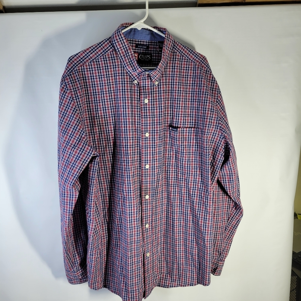 Chaps Easy Care Plaid Button Front Shirt Cotton/Poly Size XXL Red/Blue/White
